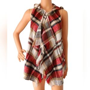 Takara Girls Plaid Hooded Fringe Poncho Vest Sleeveless Wrap Top Size M